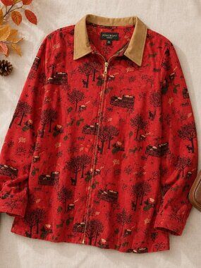 Vintage E.L.C.C Scenic Print Button Shirt Red Novelty Cottage Deer Sz L